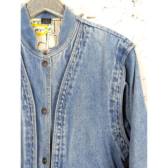 JAG Vintage 80s Distressed Grungy Punk Pop Graphic Denim Bomber Jacket Medium - Picture 2 of 14